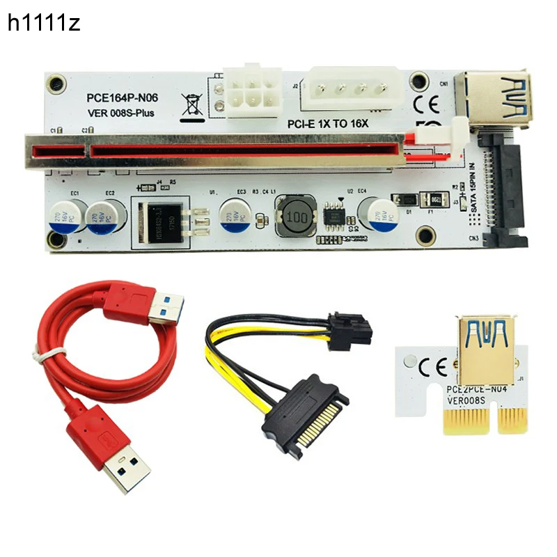 50 шт. VER008S Plus PCI E Riser Card 008S PCIe 1x to 16x 4pin 6pin Sata кабель питания USB 3 0 для майнинга