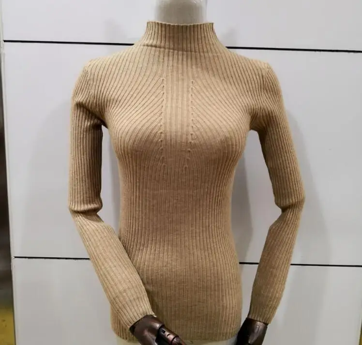 light khaki--15 Новинка, осенне-зимний женский свитер с высоким эластичным воротником, Женский облегающий пуловер - Цвет: light khaki--15