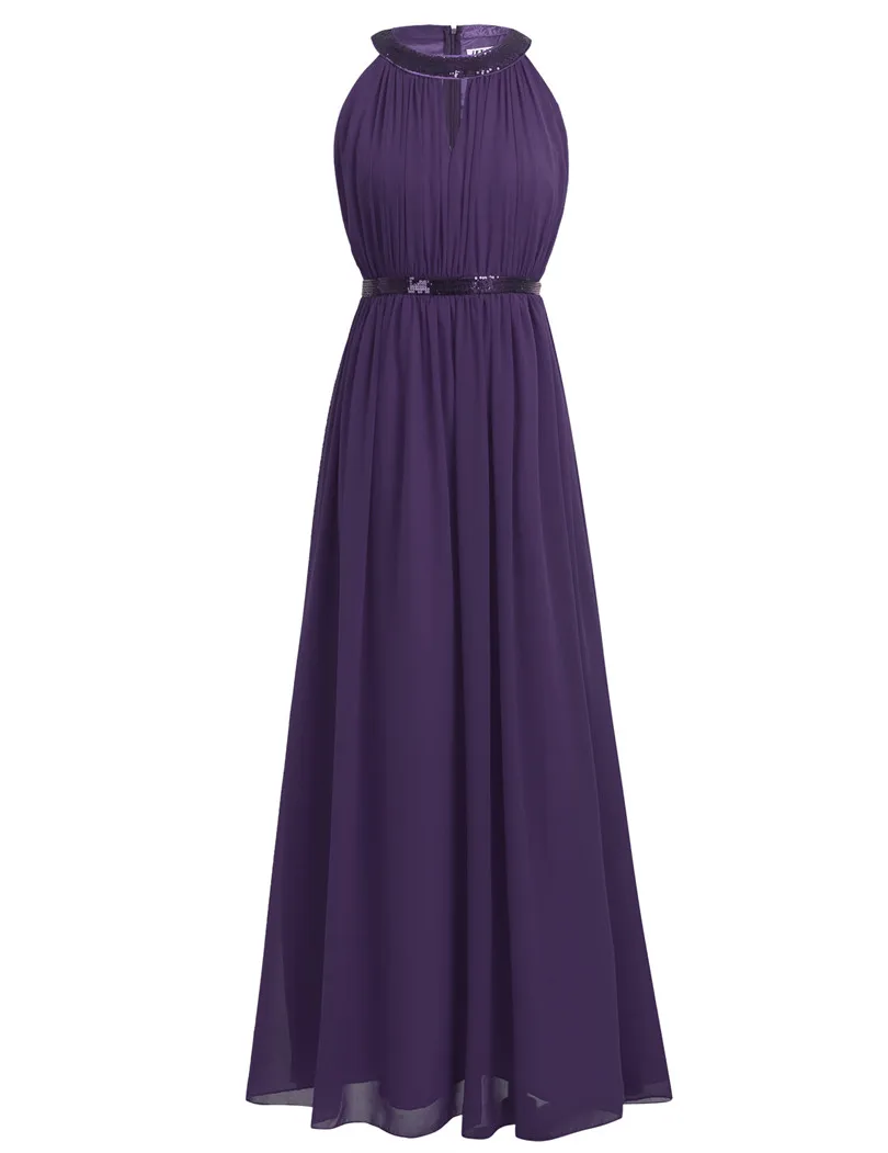 Dark Purple Коллекция года. Стильное женское шифоновое длинное платье подружки невесты для взрослых. Женское длинное выпускное платье с лямкой на шее. Кружевное платье принцессы - Цвет: Dark Purple