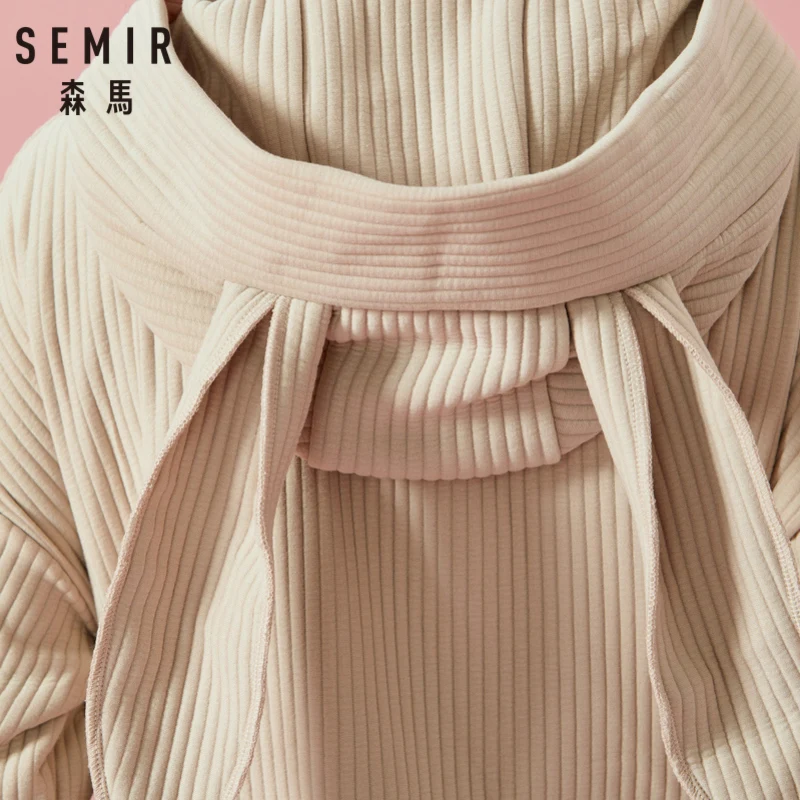 SEMIR, Женская Толстовка в рубчик с капюшоном, платье, женское трикотажное платье с заниженным плечом, с подкладкой, заячьи ушки, капюшон, ребристая резинка на манжетах и подоле