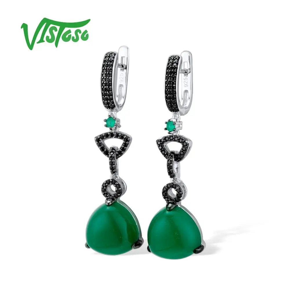 VISTOSO 925 висячие серьги из серебра пробы ювелирные круглые крашеные зеленый агат