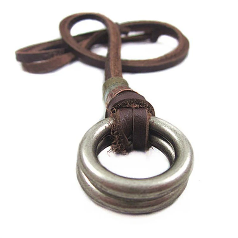 

Men Leather Necklace Retro Double Annulus Circle Pendants Adjustable Circle Alloy Jewelry Hip Hop Style Necklace Men Accessories