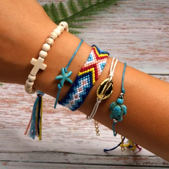 10 MOON GIRL 5 Pieces Puka Shell Bracelet Set Turtle Starfish Cross Beads Boho Weave Bracelet for Women Friendship Jewelry Dropship - Metal Color: 10