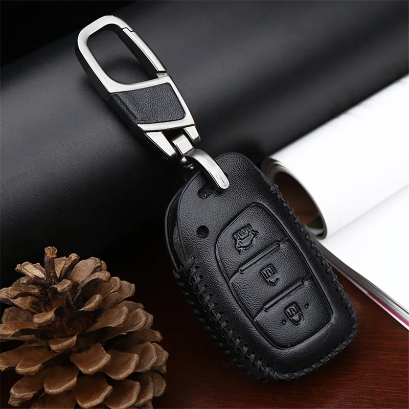 Real Leather Car Smart Key Shell Case Cover For Hyundai IX35 Hb20 I30 IX20 I10 Solaris 2017 Creta Getz Chain Holder | Автомобили и