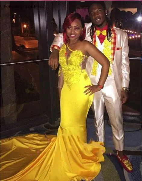 Yellow Color Prom Dresses 2019 African Black Girls Mermaid Long Sleeve One Shoulder Holidays Graduation Wear Evening Party Gowns | Свадьбы и