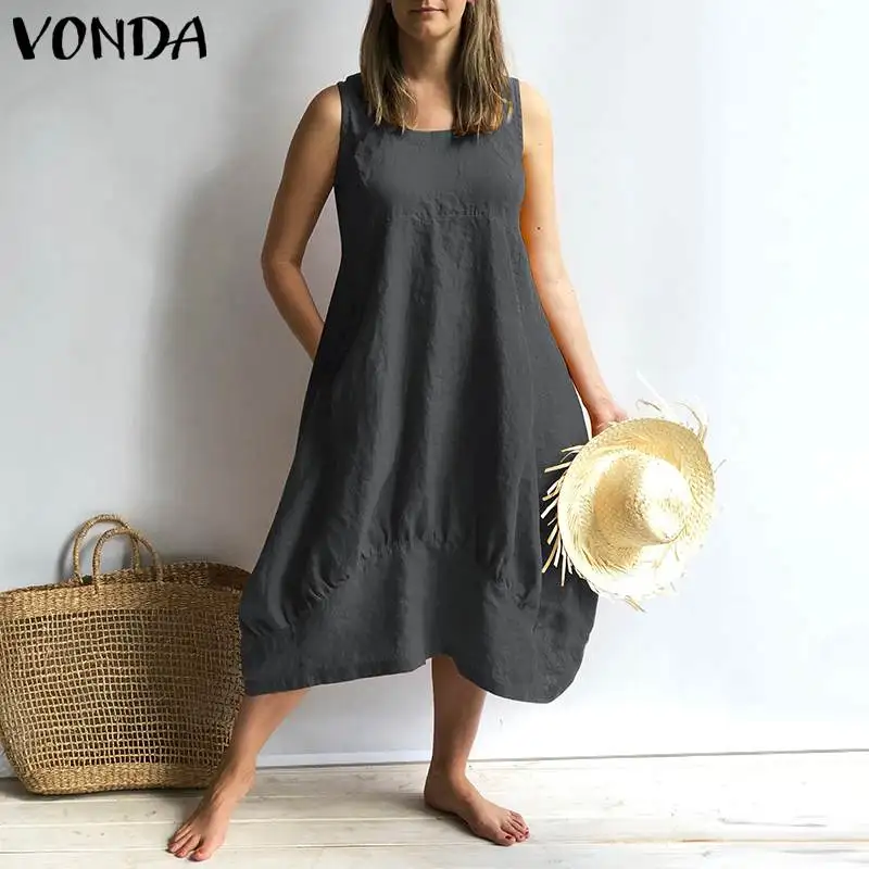 VONDA женское платье летнее сексуальное хлопковое платье без рукавов с квадратным вырезом винтажный сарафан свободного покроя размера плюс Vestidos