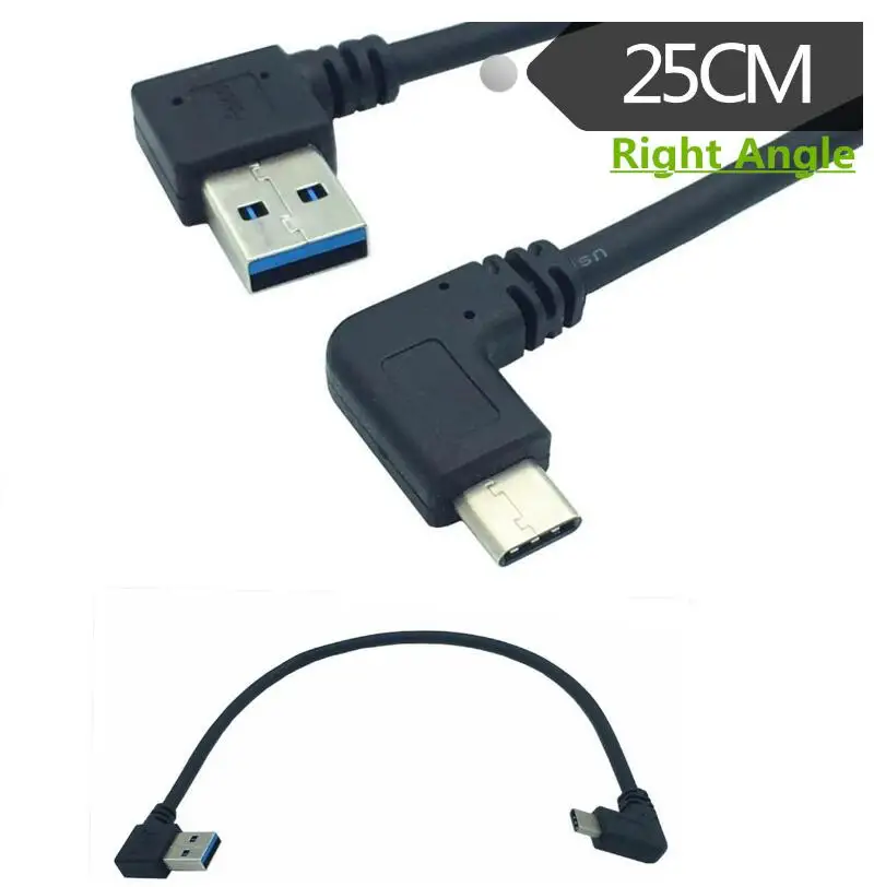 

90 degree Right Angle USB3.1 Type-C Male to USB 3.0 Right Angle Data Sync & Charge Cable Connector Black 0.25m 25cm