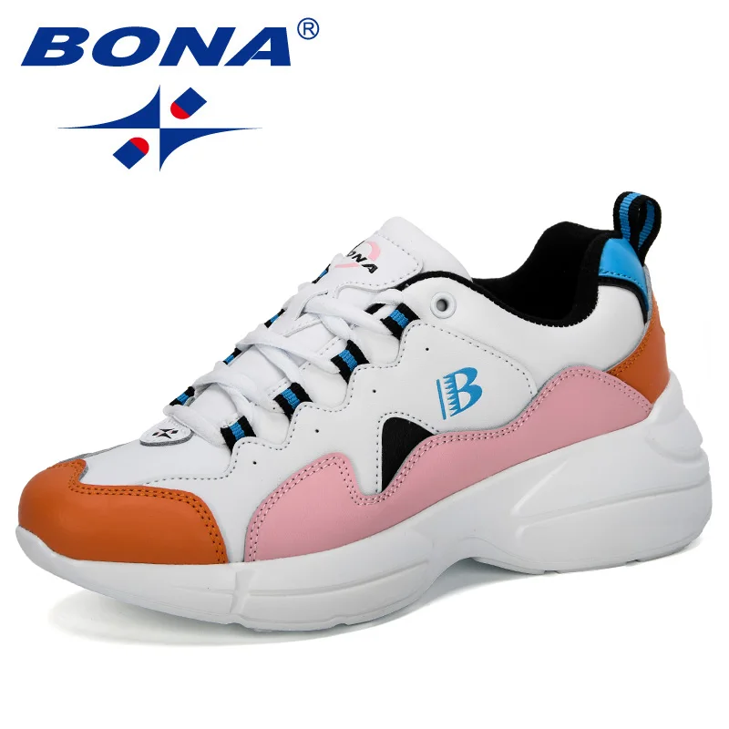 White pink orange BONA New Fashion Style Platform Sneakers Ladies Brand Chunky Causal Shoes Woman Leather Leisure Shoes Chaussure Femme Comfy - Цвет: White pink orange