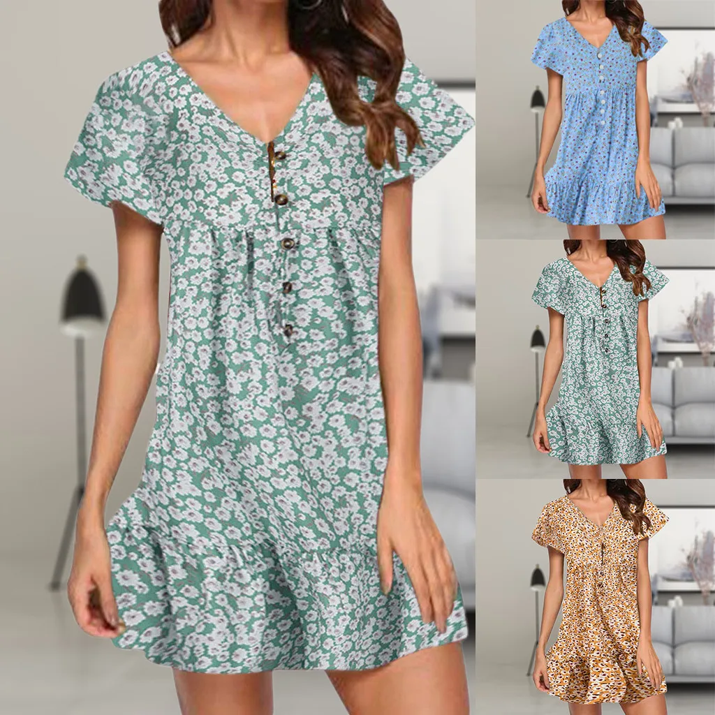 Пляжное шифоновое платье в горошек с коротким рукавом Элегантное повседневное