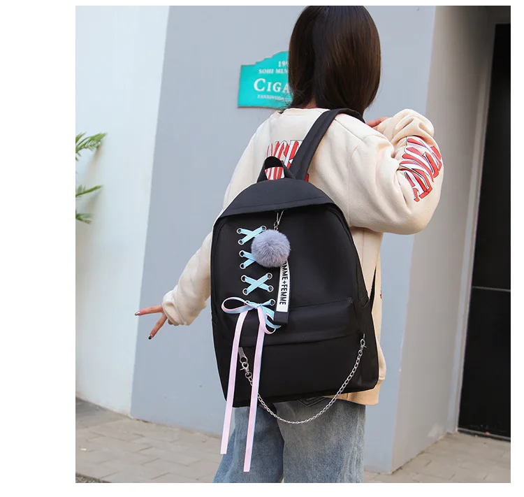 Women Backpack Korean Fashion Ribbon Bow 5pcs Cover Mother Bag Wild Large-capacity School Bag