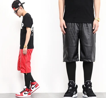 

Pop,Nice men`s Fashion Leather Shorts Designer For Pu And Gold Side Zipper Red Casual Jogger 2 Colors Shorts