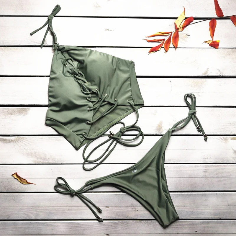 2019 Sexy Bandage Bikini Push up Swimwear Women Halter Thong Set Lacing Solid Green Bathing suit maillot de bain femme |