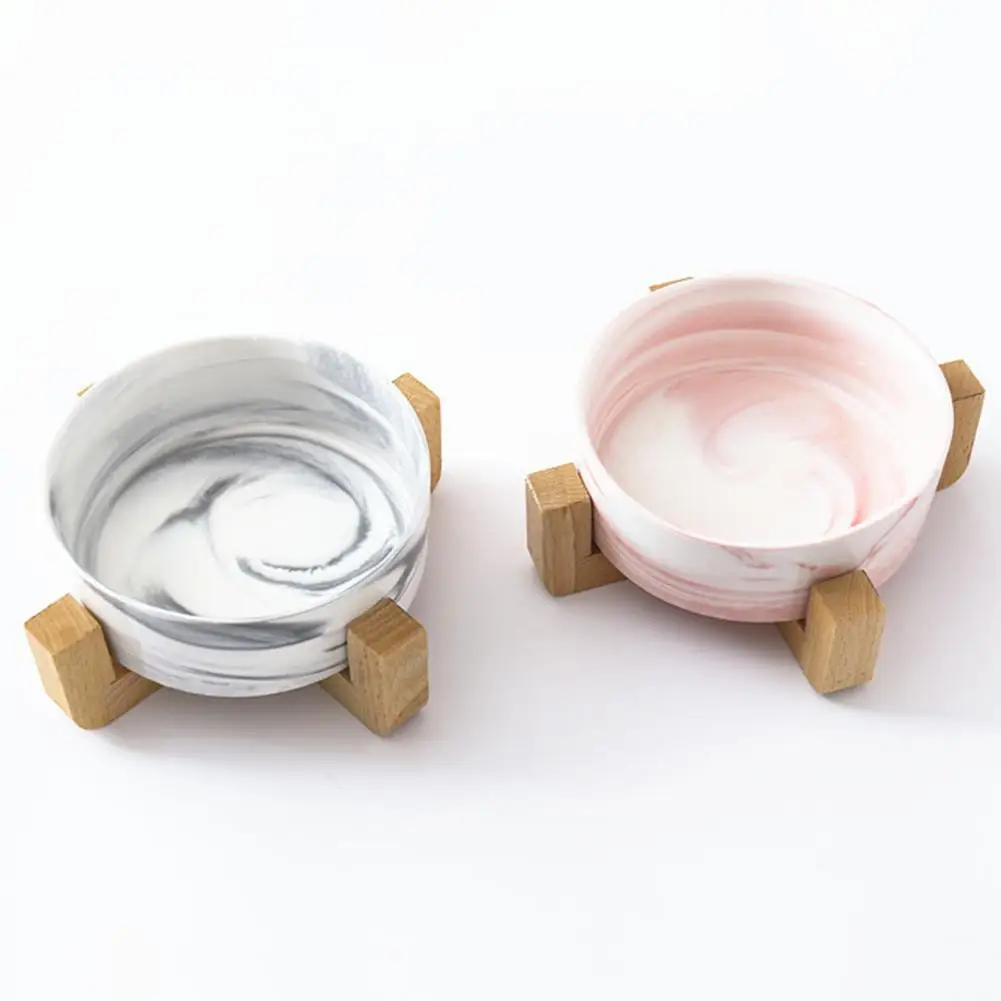 Керамическая миска HiMISS Marbling с деревянной стойкой для еды домашних животных