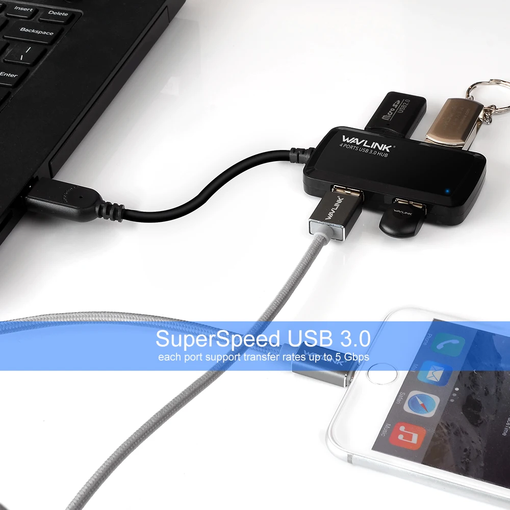 Wavlink мини Портативный 4-Порты и разъёмы usb3.0 Супер Скорость USB HUB адаптер до 5 Гбит/с