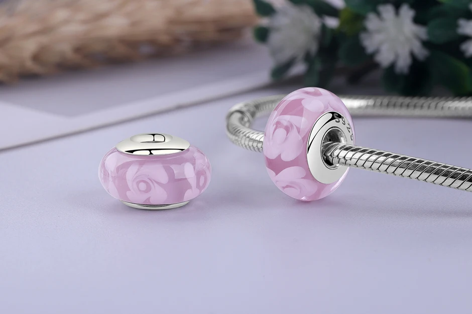Fit Pandora браслет Серебро 925 пробы талисманы сердце Микки из муранского стекла с изображением цветка бусины для женщин Diy ювелирные изделия