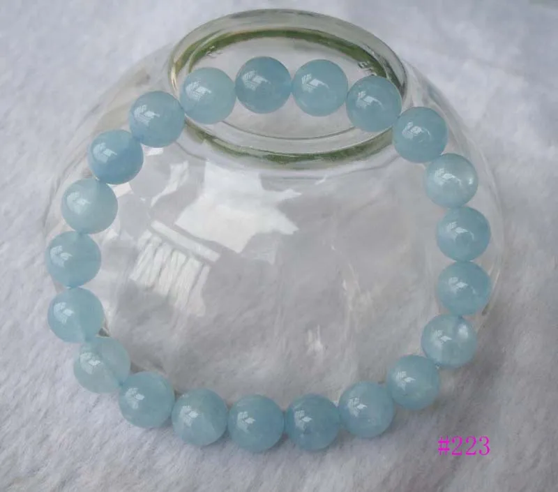 Бесплатная доставка Натуральный аквамарин 10 мм круглые бусины браслет Женские