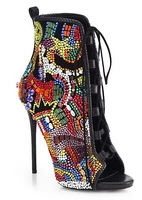real photo bling bling crystal lace up booties sexy open toe high heel sandal boots woman ankle boots colorful rhinestone boots