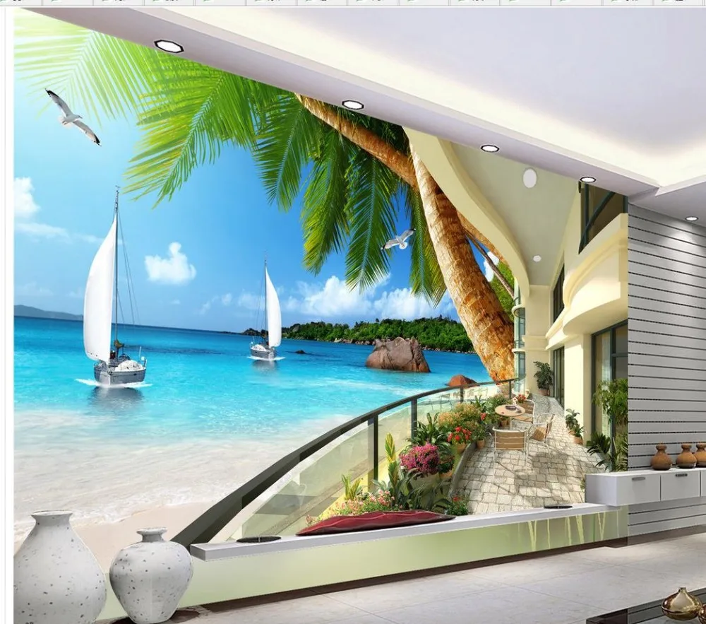 3d обои для комнаты гавайский курорт терраса море деревья фон фотосъемки