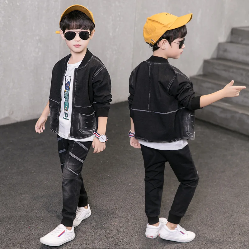 2pcs Black Boys Jacket & Jeans Clothing Set Boy Denim Outerwear Pants for 4 6 8 10 12 Year Old 2020 Kid Clothes 185008 | Мать и