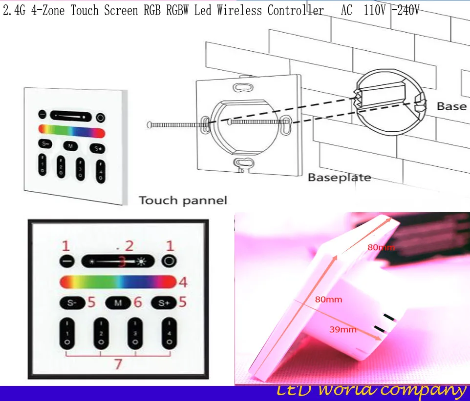 RGB контроллер Mi light 2 4G 4 зонный сенсорный экран RGBW светодиодный Беспроводной RF