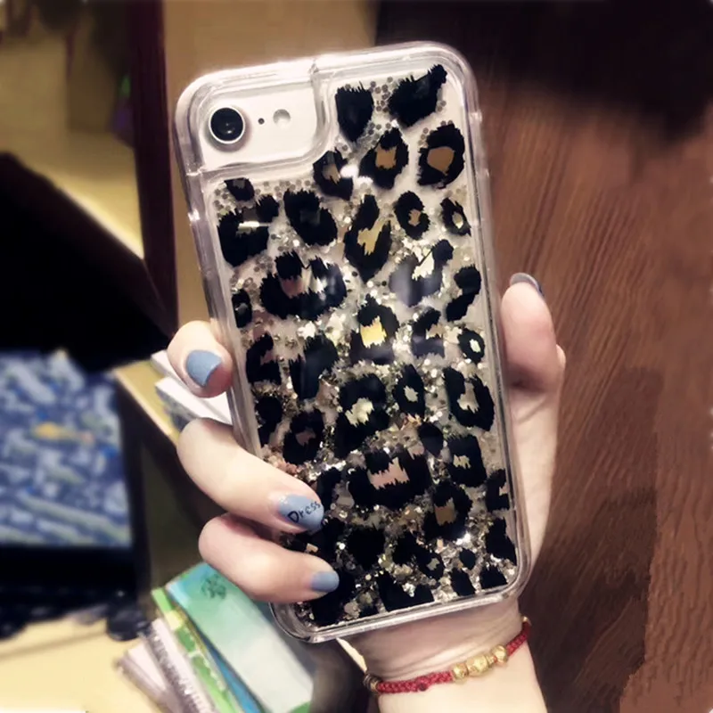 Fashion Glitter Lovely Leopard Pattern Phone Case for iPhone X XS 7 8 6 6S Plus 10 Sparkling Liquid Quicksand Hard PC Back Cover |