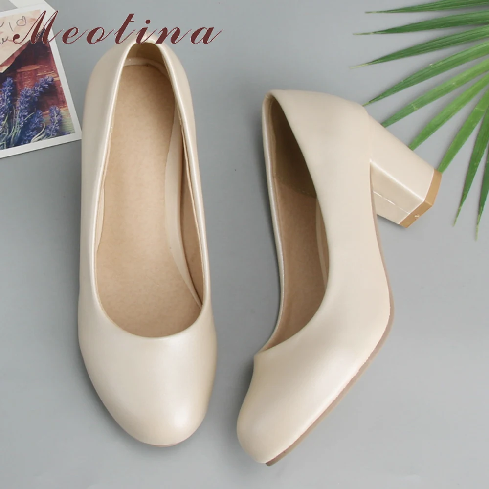 

Meotina Women Shoes High Heels Round Toe Office Work Shoes Chunky Heels Women Pumps Ladies Shoes Beige Large Size 9 10 42 43