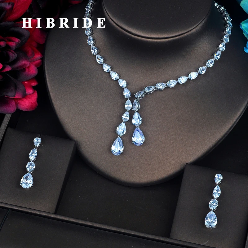 

HIBRIDE Luxury Big Water Drop Elegant Women Cubic Zirconia Jewelry Set Necklace Sets Birthday Party Wholesale Price N-410