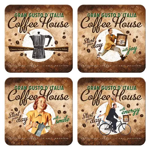 

4x Coffee House Coasters Metal Nostalgia Retro Bistro Remnants WOW