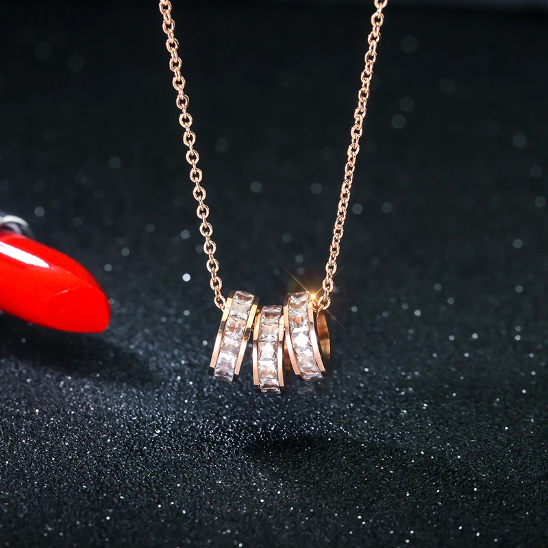 

YUN RUO New Arrival Rose Gold Color Three Circon Zircon Crystal Necklace Fashion Titanium Steel Woman Jewelry Birthday Not Fade