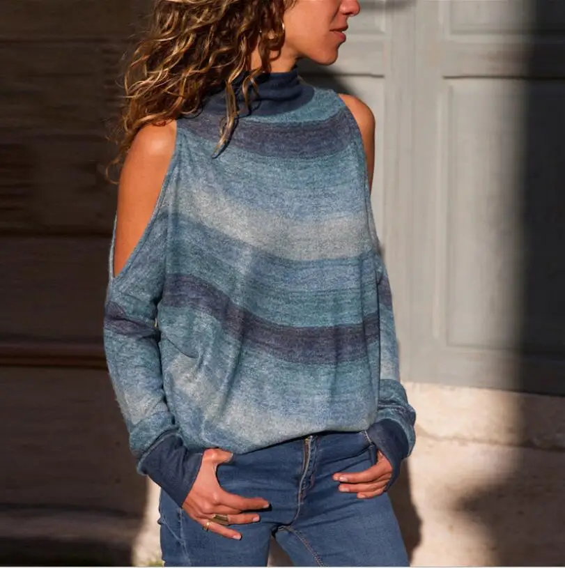 Женская Осенняя трикотажная блузка с высоким воротником и длинным рукавом 9