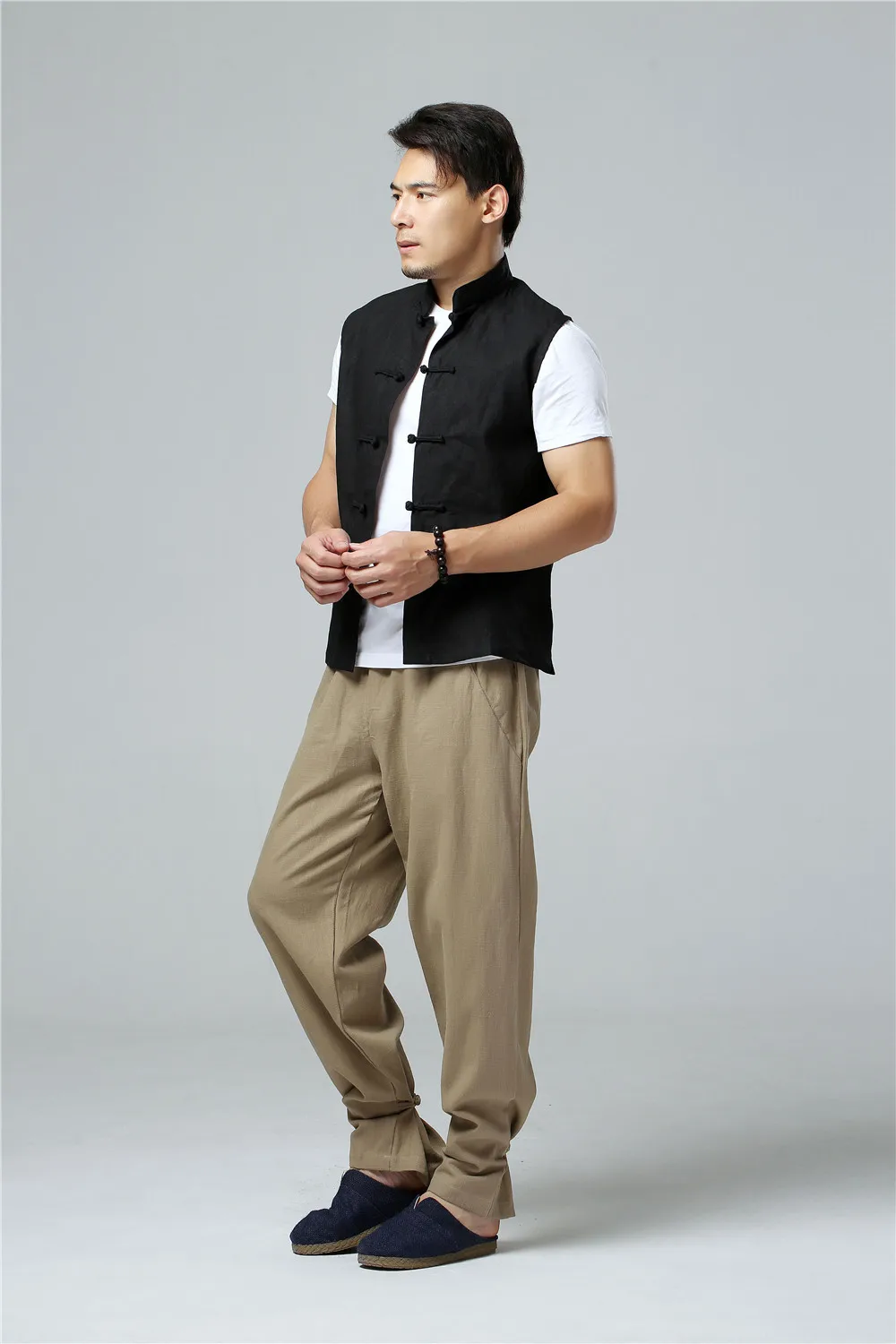 LZJN Men's Summer Waistcoat Chinese Style Vintage Breathable Linen Button Down Kung Fu Shirt Sleeveless Vest Jacket