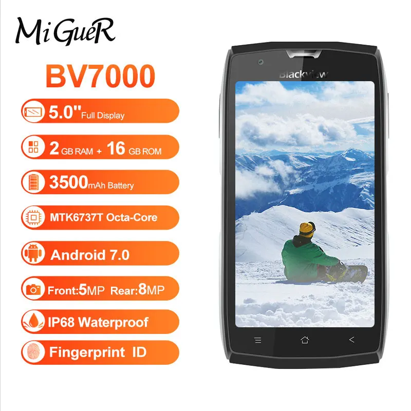 Blackview BV7000 5 0 ''HD IP68 водонепроницаемый мобильный телефон 3500 мАч Android 7 MT6737T