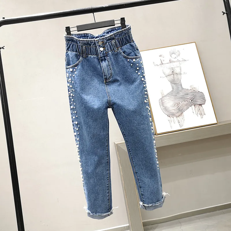 

Streetwear pearl hole jeans female Casual pocket skinny pencil jean pants Destroyed ripped denim jean women trousers H05