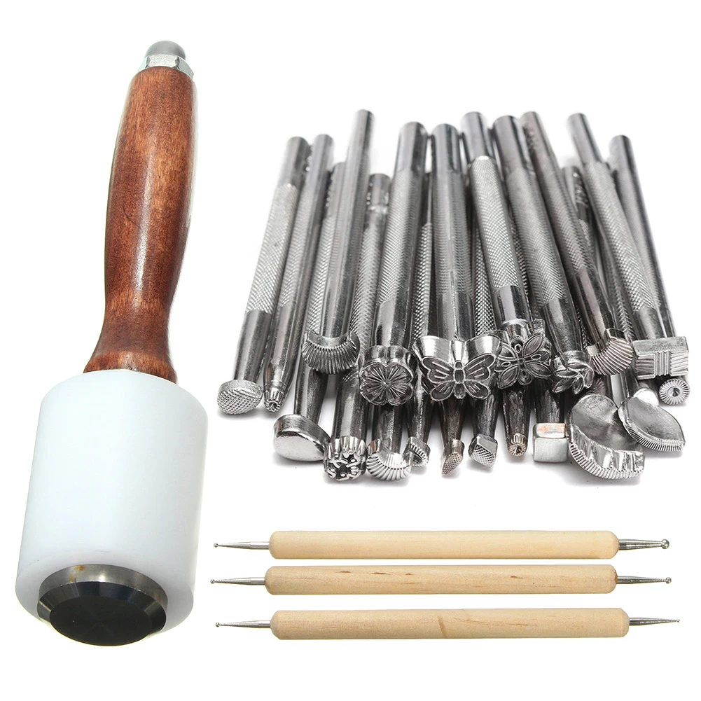 Hot 25Pcs/Set Manual Leather Craft Stamping Carved Wooden Hammer Embossing Tools Kit FQ-ing | Дом и сад