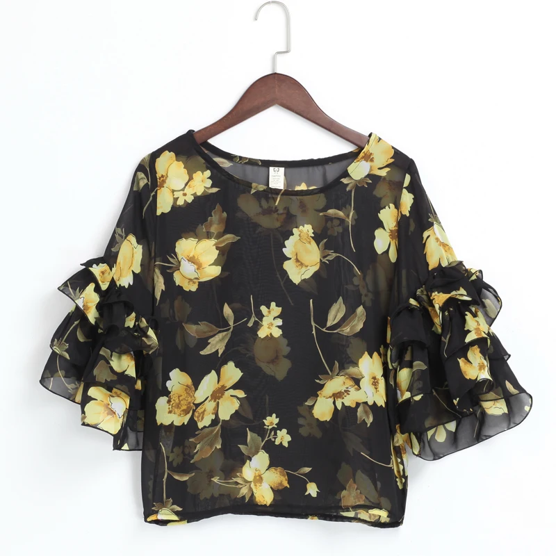 {Guoran} Loose Chiffon Blouses Women Summer 2017 New plus Size Femme Shirts Floral Printed Ladies Tops 2XL Clothings |