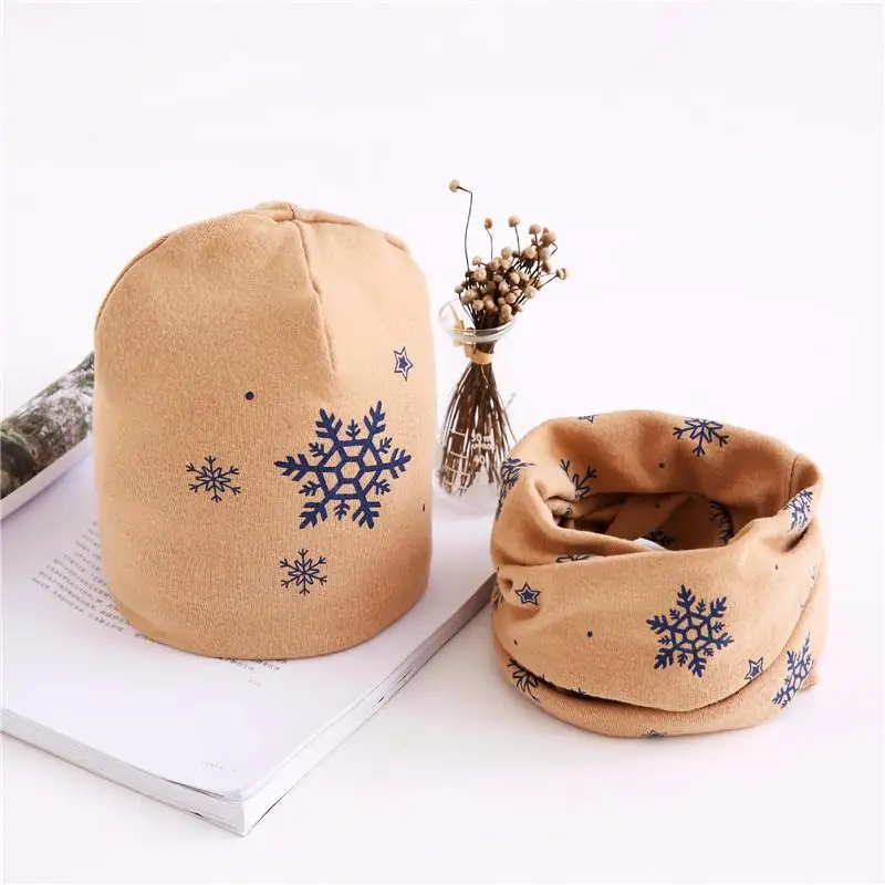 snow khaki Модный детский комплект из шапки и шарфа с принтом со звездой; милая шапка с совой и лебедем для девочек; хлопковый шарф для мальчиков; детская шапка; комплект из шапки и шарфа для маленьких девочек - Цвет: snow khaki