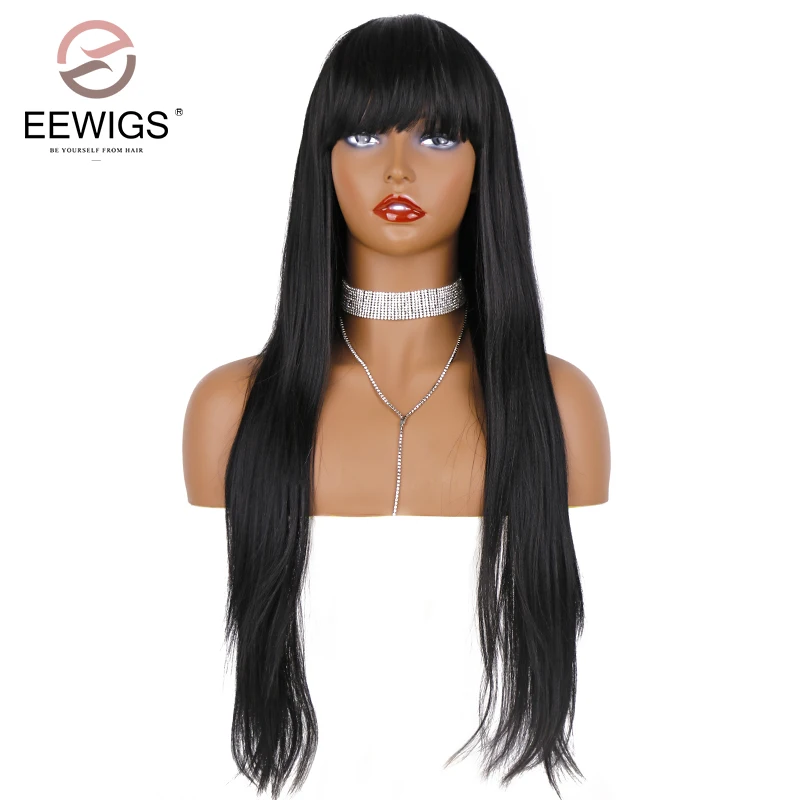 

EEWIGS Synthetic Machine Made Wigs Yaki Straight Long Wig With Flat Bang Natural Glueless Black Hair Wigs For Women Daily