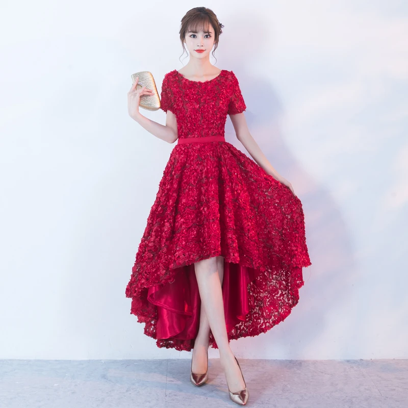 Ladybeauty Небесно-Голубые Вечерние платья короткие спереди длинные сзади Вечерние платья кружевные лепестки с круглым вырезом vestidos de festa официальные