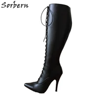 sorbern 12cm stiletto heel lace up custom shalf wide calf size boots women hard shaft knee hi pointed toe vintage style fetish