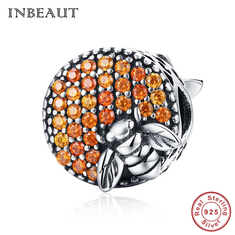 INBEAUT 925 пробы серебристо-желтые эмалированные Подвески в виде пчелы, круглые коричневые кубические циркониевые бусины в виде пчелиного гнезда, подходят для браслетов Pandora