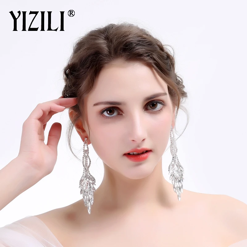 YIZILI Роскошные Длинные массивные висячие серьги зеленые прозрачные стразы серьги для женщин 4 вида цветов выбор Висячие свадебные серьги se075