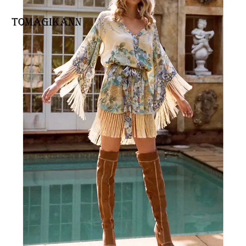 Модные Цветочный принт с кисточками и вырезами платье v-образным вырезом