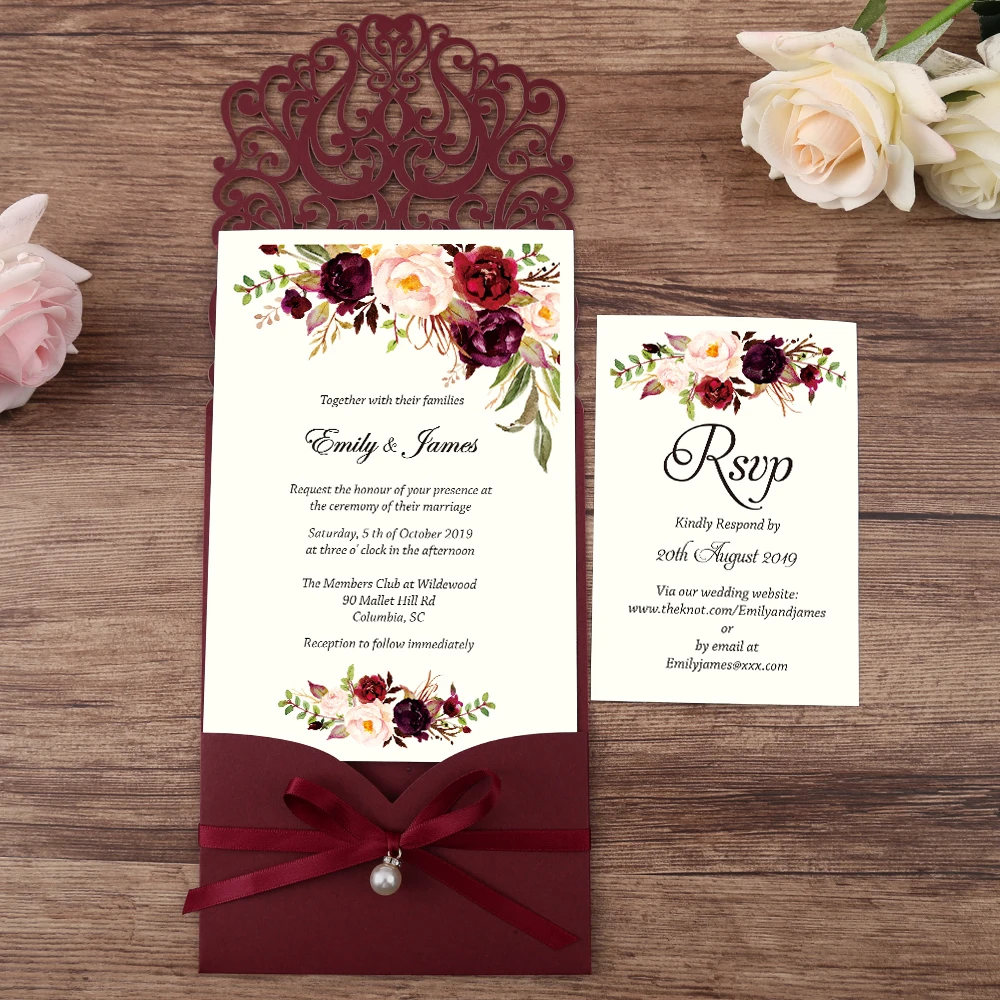 Convites de Casamento com Corte a Laser Chegado com Fita de Pérola Horizontal Borgonha Recém Cartão Rsvp Personalizável 100 Peças