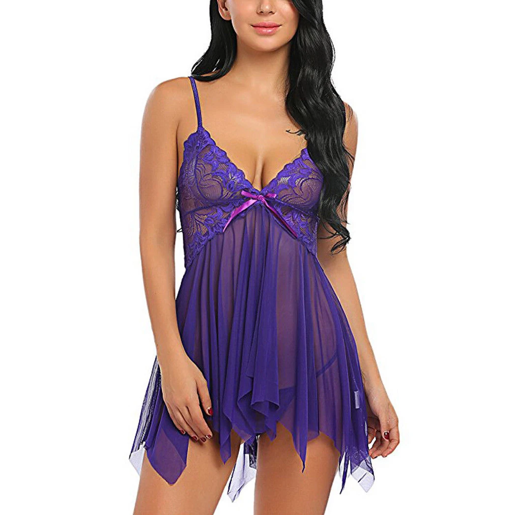 Женское прозрачное кружевное нижнее белье, сексуальное, эротическое, Babydoll, стринги, платье с оборками, дамское нижнее белье, ночное белье, костюмы femenina