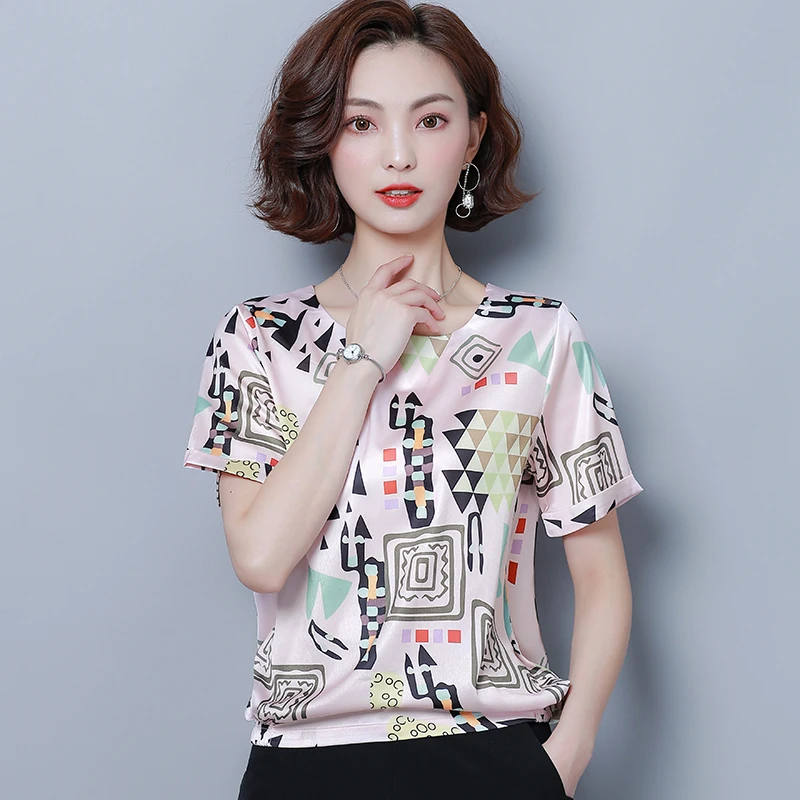 Корейские модные шелковые женские блузки атласные розовые рубашки с круглым