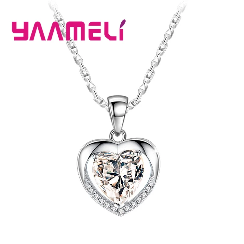 

Clear 2 Color Cubic Zircon Genuine 925 Sterling Silver Romantic Necklace Heart Pendant Crystal Jewelry For Women Female