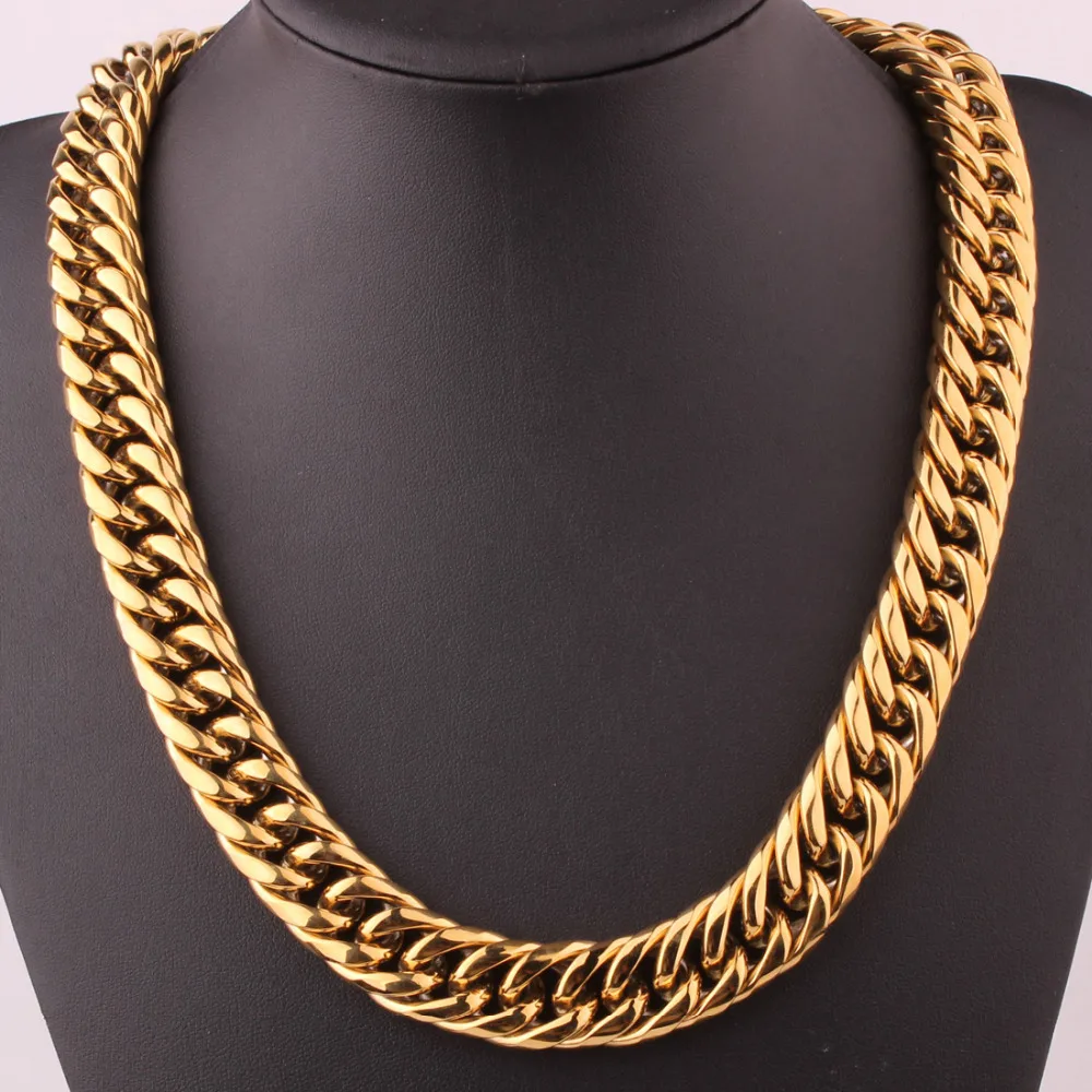 

18mm Wide Heavy Cool 316L Stainless Steel Gold Color Cuban Curb Chain Biker Jewelry Mens Unisexs Necklace Or Bracelet Bangle Hot