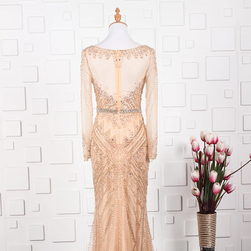 JANCEMBER vestido de gala украшенный бусинами и кристаллами длинный рукав иллюзия круглый