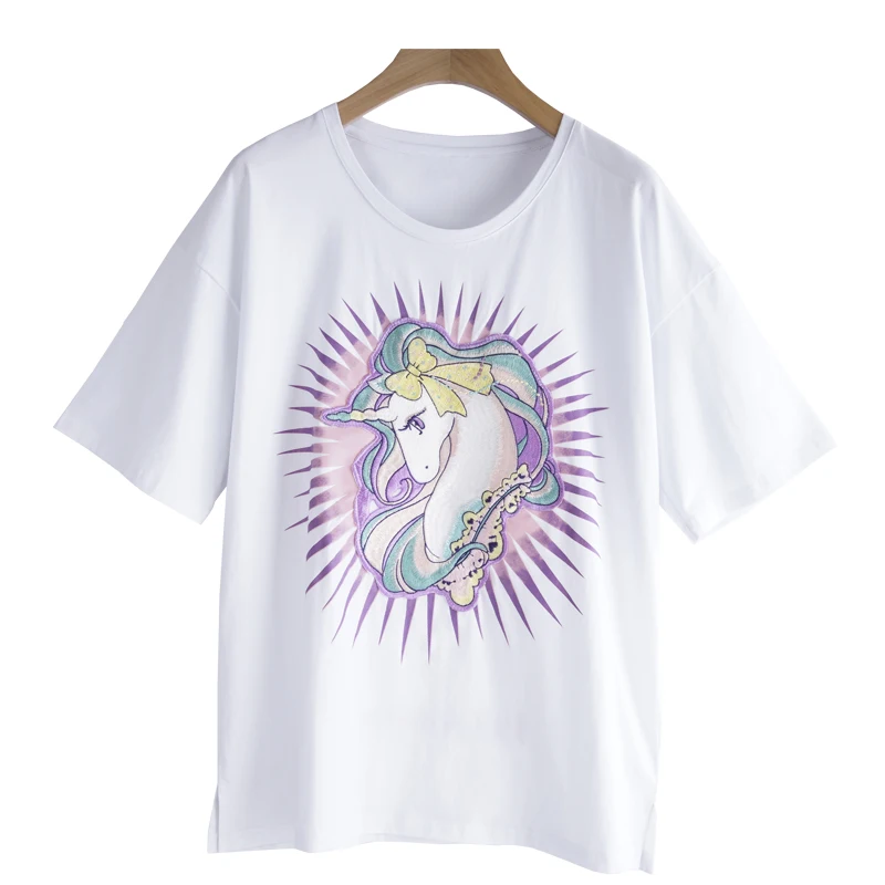 

Short-sleeved white T-shirt female 2022 spring and summer unicorn embroidery Hip Hop Tee Shirts White Black Pink
