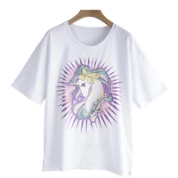 short sleeved white t shirt female 2022 spring and summer unicorn embroidery hip hop tee shirts white black pink